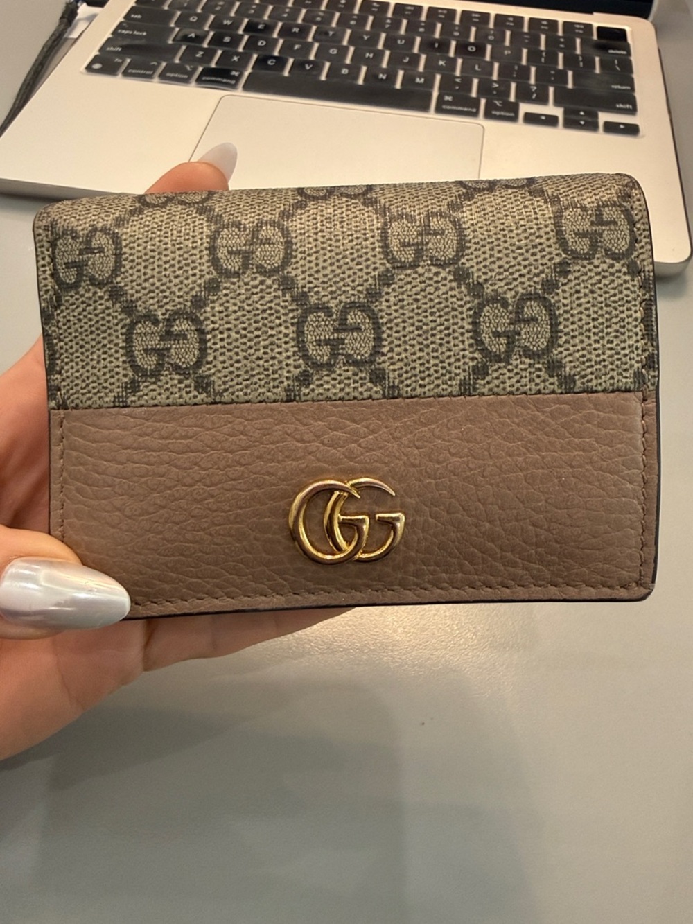Gucci Beige GG Canvas and Taupe Leather Wallet with Gold Double G